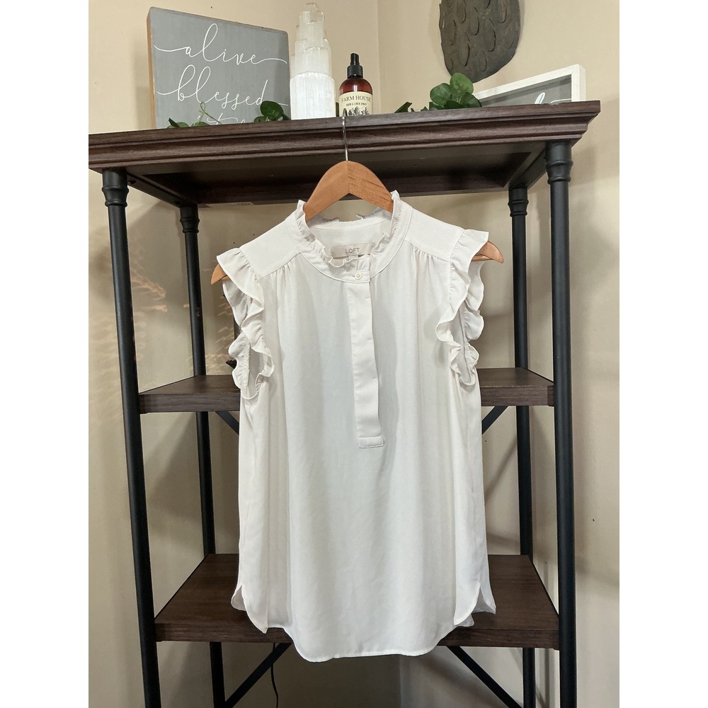 Loft White Ruffle Mock Neck Sleeveless Blouse Top Medium Solid Button Front